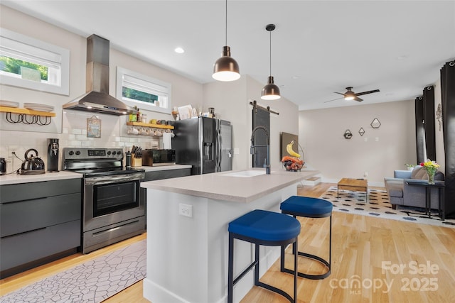 109 Thurland Ave, Asheville, NC 28803 - kitchen featuring appliances with stainless steel finishes, wall chimney exhaust hood, a barn door, and healthy amount of natural light