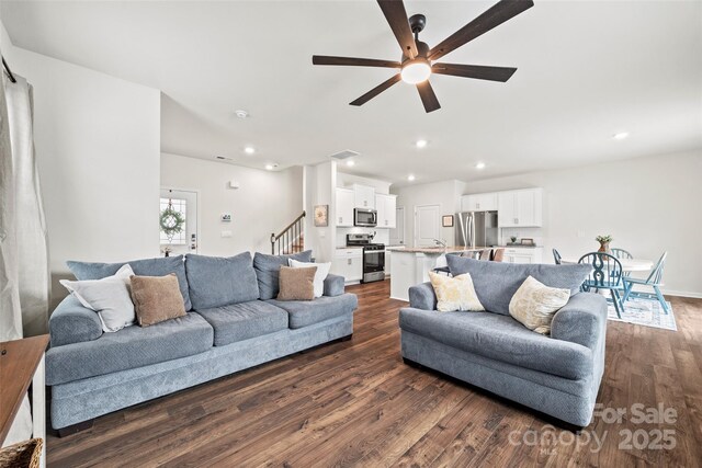 449 Misty Law Ln, Clover, SC 29710 - living area featuring dark wood finished floors, stairway, recessed lighting, and ceiling fan
