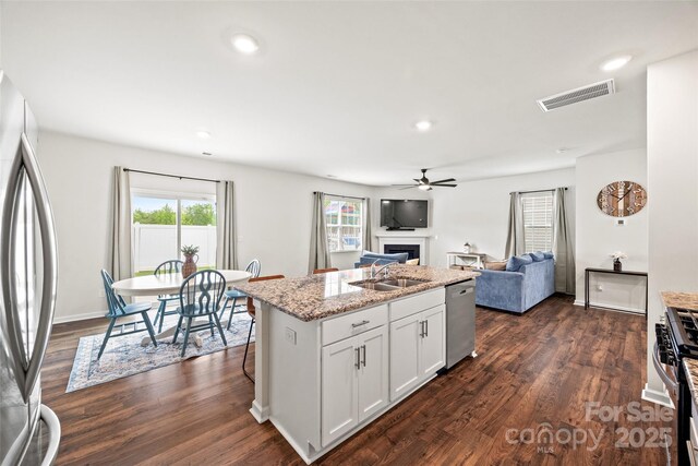 449 Misty Law Ln, Clover, SC 29710 - kitchen featuring appliances with stainless steel finishes, a sink, a fireplace, open floor plan, and dark wood finished floors