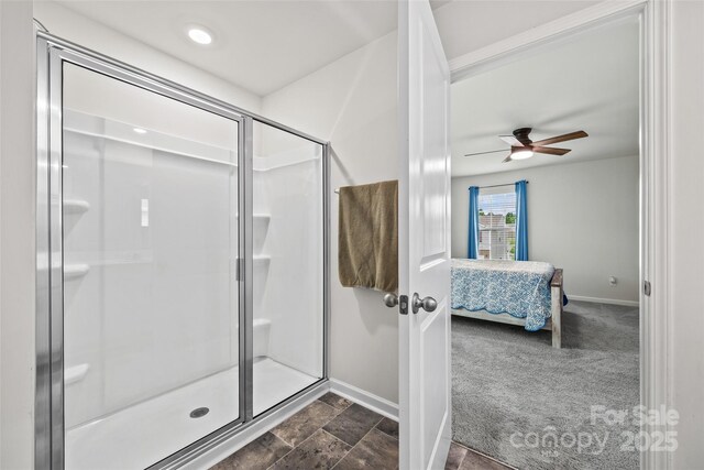 449 Misty Law Ln, Clover, SC 29710 - ensuite bathroom featuring baseboards, a stall shower, and a ceiling fan