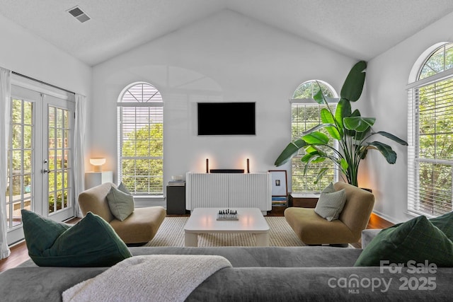 3801 Rosedown Dr, Matthews, NC 28105 - living area with lofted ceiling, wood finished floors, and french doors