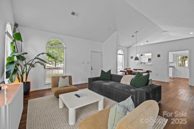 3801 Rosedown Dr, Matthews, NC 28105 - living area with wood finished floors, plenty of natural light, baseboards, and high vaulted ceiling