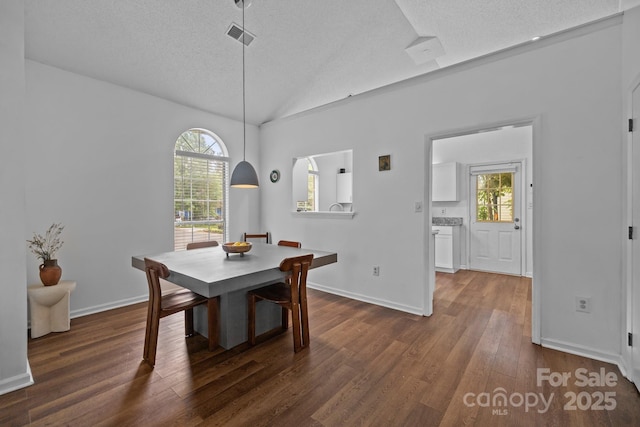 3801 Rosedown Dr, Matthews, NC 28105 - dining area with plenty of natural light, lofted ceiling, dark wood-style floors, a textured ceiling, and baseboards