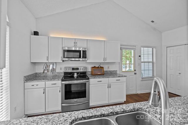 3801 Rosedown Dr, Matthews, NC 28105 - kitchen featuring appliances with stainless steel finishes, dark wood-type flooring, light stone counters, a sink, and high vaulted ceiling