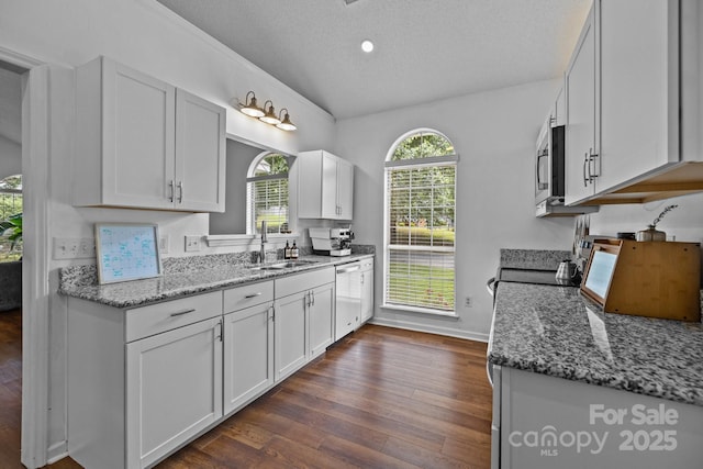 3801 Rosedown Dr, Matthews, NC 28105 - kitchen with appliances with stainless steel finishes, a textured ceiling, dark wood-type flooring, a sink, and light stone countertops