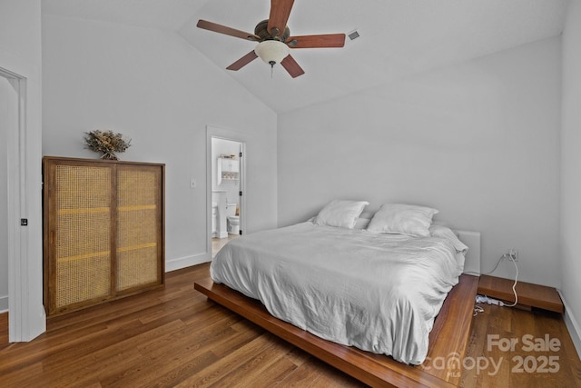 3801 Rosedown Dr, Matthews, NC 28105 - bedroom with wood finished floors, baseboards, high vaulted ceiling, ceiling fan, and ensuite bath