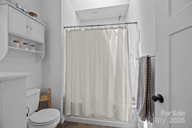 3801 Rosedown Dr, Matthews, NC 28105 - full bathroom with toilet, shower / tub combo with curtain, and tile patterned flooring