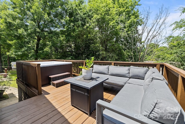 3801 Rosedown Dr, Matthews, NC 28105 - wooden deck with a hot tub and outdoor lounge area