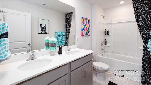 925 Two Brothers Ln, York, SC 29745 - full bathroom featuring double vanity, toilet, and shower / bath combo with shower curtain