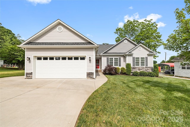 2996 N Lookout St, Claremont, NC 28610 - view of front facade featuring stone siding, concrete driveway, a front yard, and an attached garage