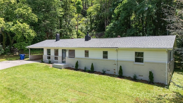 94 Camp Branch Rd, Black Mountain, NC 28711 - ranch-style house with brick siding, a front yard, a chimney, driveway, and roof with shingles