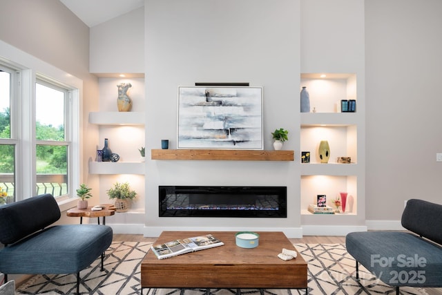 9 Robey Dr, Fletcher, NC 28732 - living area with wood finished floors, built in shelves, a glass covered fireplace, and high vaulted ceiling