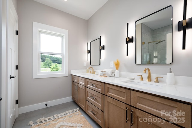 9 Robey Dr, Fletcher, NC 28732 - bathroom with double vanity, a shower with door, and tile patterned flooring