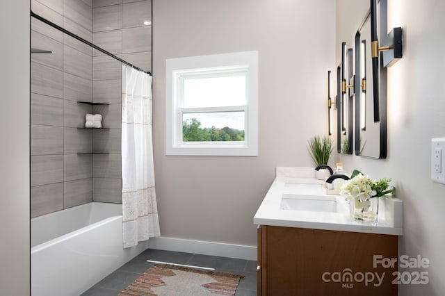 9 Robey Dr, Fletcher, NC 28732 - bathroom featuring double vanity, tile patterned floors, and shower / tub combo