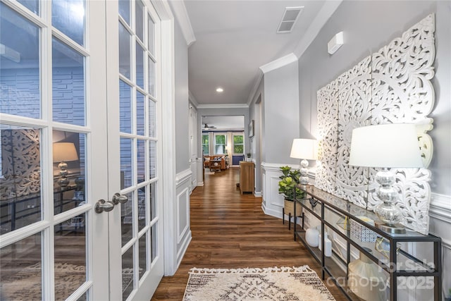 5088 Watersail Way, Clover, SC 29710 - hallway with crown molding, french doors, wood finished floors, wainscoting, and recessed lighting