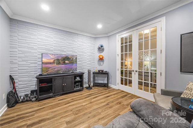 5088 Watersail Way, Clover, SC 29710 - living room featuring french doors, crown molding, wood finished floors, baseboards, and recessed lighting
