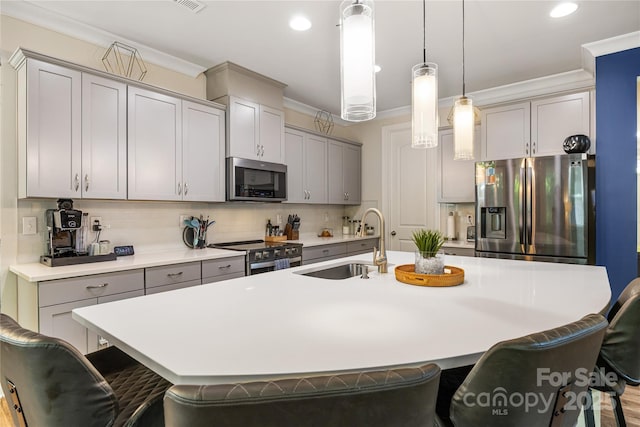 5088 Watersail Way, Clover, SC 29710 - kitchen featuring stainless steel appliances, a sink, a kitchen breakfast bar, gray cabinetry, and ornamental molding