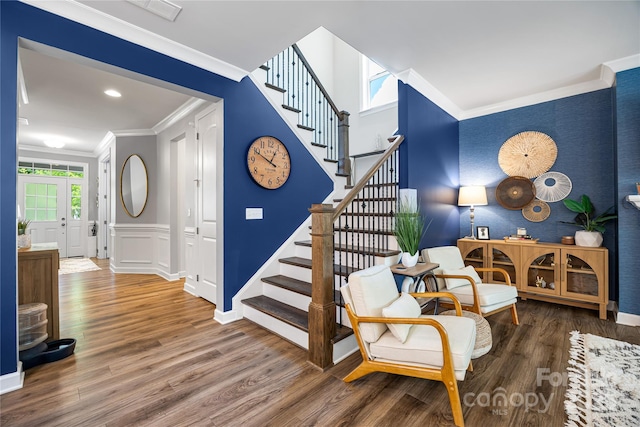 5088 Watersail Way, Clover, SC 29710 - stairs with crown molding, wood finished floors, a decorative wall, wainscoting, and baseboards