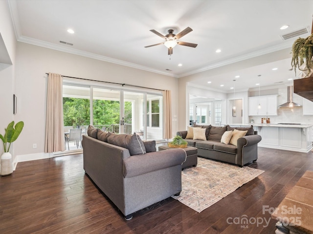 1008 Ladera Dr, Marvin, NC 28173 - living room with dark wood finished floors, a ceiling fan, crown molding, and recessed lighting