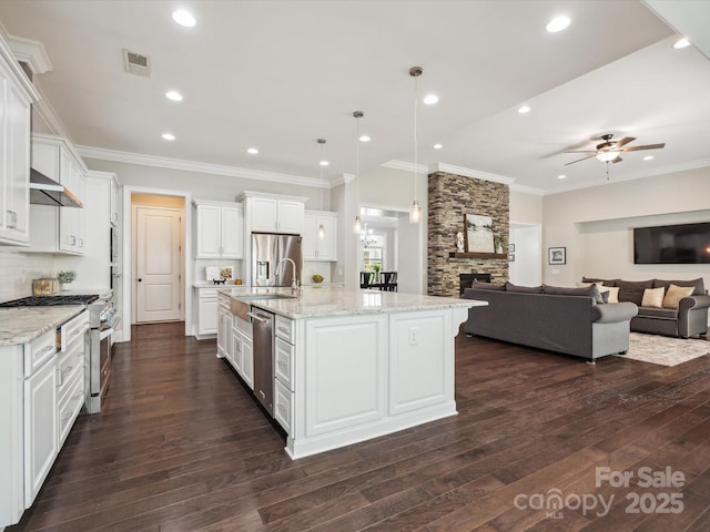 1008 Ladera Dr, Marvin, NC 28173 - kitchen with stainless steel appliances, a ceiling fan, dark wood-style floors, open floor plan, and ornamental molding