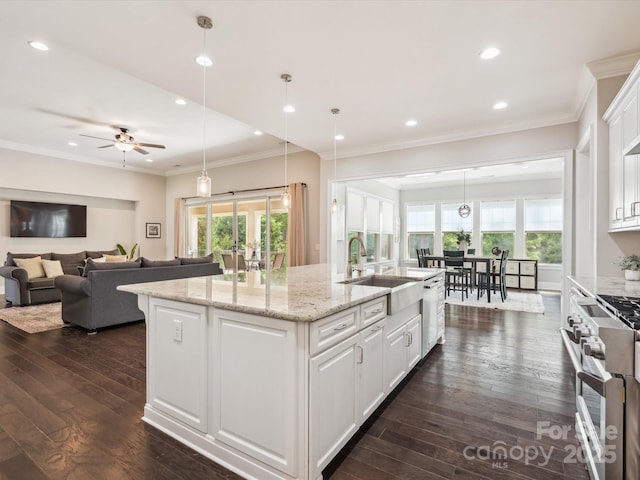 1008 Ladera Dr, Marvin, NC 28173 - kitchen with stainless steel appliances, healthy amount of natural light, white cabinets, a center island with sink, and recessed lighting