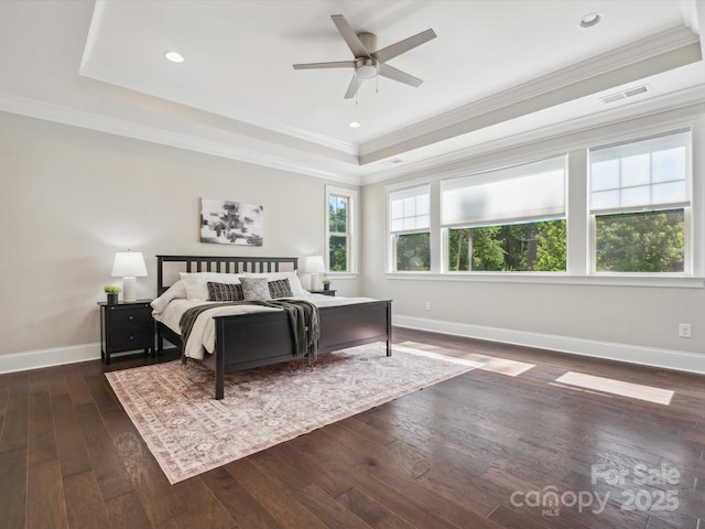 1008 Ladera Dr, Marvin, NC 28173 - bedroom with a raised ceiling, dark wood-style floors, ornamental molding, recessed lighting, and ceiling fan