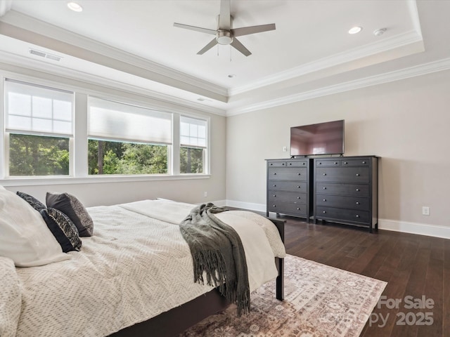 1008 Ladera Dr, Marvin, NC 28173 - bedroom featuring dark wood-type flooring, a raised ceiling, crown molding, recessed lighting, and a ceiling fan