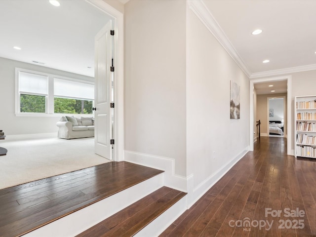 1008 Ladera Dr, Marvin, NC 28173 - hall with crown molding, wood finished floors, and recessed lighting