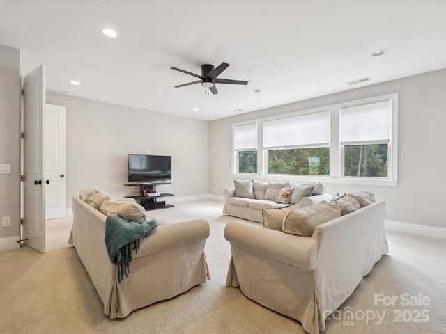 1008 Ladera Dr, Marvin, NC 28173 - living room with light carpet, ceiling fan, and recessed lighting