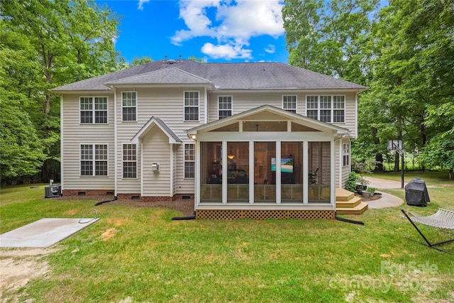 763 Evans Manor Dr, Weddington, NC 28104 - back of house with crawl space, a sunroom, a yard, and cooling unit