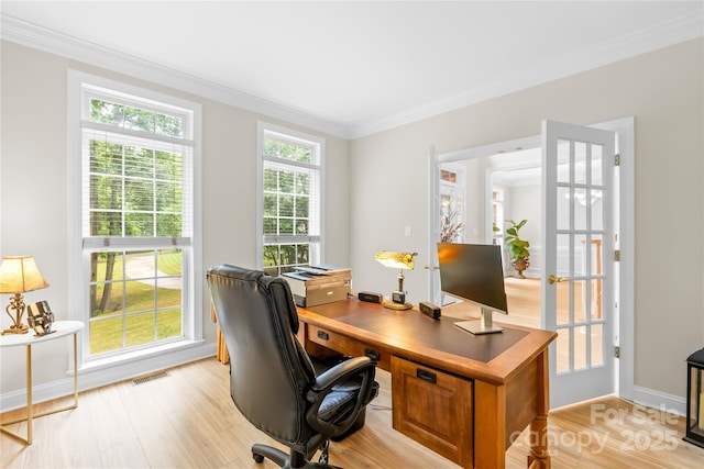 763 Evans Manor Dr, Weddington, NC 28104 - home office featuring ornamental molding, light wood-style flooring, and baseboards
