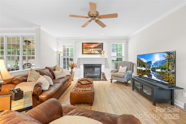 763 Evans Manor Dr, Weddington, NC 28104 - living room featuring a ceiling fan, crown molding, wood finished floors, a premium fireplace, and baseboards