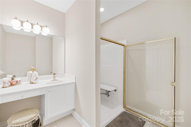 763 Evans Manor Dr, Weddington, NC 28104 - full bathroom with a shower stall, vanity, and tile patterned flooring