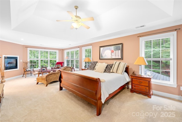 763 Evans Manor Dr, Weddington, NC 28104 - bedroom with light carpet, baseboards, crown molding, and a glass covered fireplace