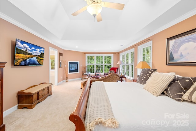 763 Evans Manor Dr, Weddington, NC 28104 - bedroom featuring light carpet, a tray ceiling, ornamental molding, baseboards, and ceiling fan