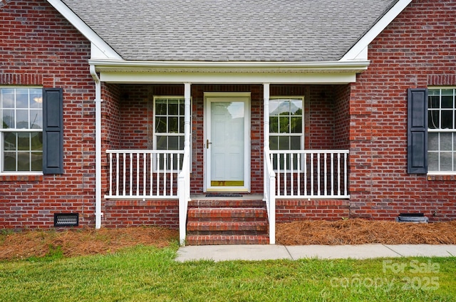 924 Secrest Hill Dr, Monroe, NC 28110 - doorway to property with crawl space, a shingled roof, and brick siding