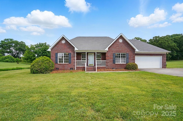 924 Secrest Hill Dr, Monroe, NC 28110 - ranch-style house featuring brick siding, covered porch, crawl space, a garage, and driveway