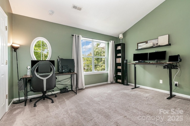 4124 Melrose Club Dr, Matthews, NC 28105 - home office featuring carpet flooring, healthy amount of natural light, lofted ceiling, and baseboards