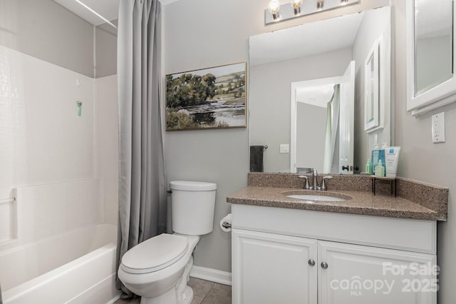 4124 Melrose Club Dr, Matthews, NC 28105 - full bathroom featuring toilet, vanity, shower / tub combo with curtain, tile patterned floors, and baseboards