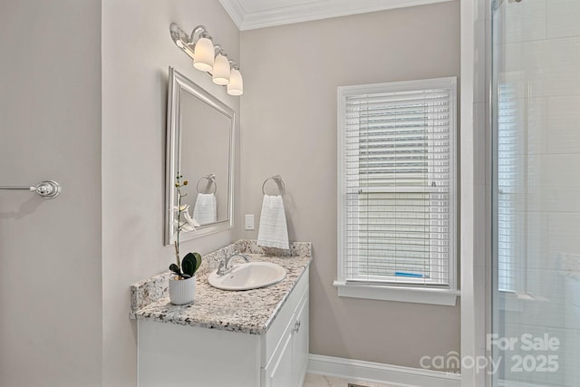 17308 Players Ridge Dr, Cornelius, NC 28031 - bathroom featuring vanity, ornamental molding, and baseboards