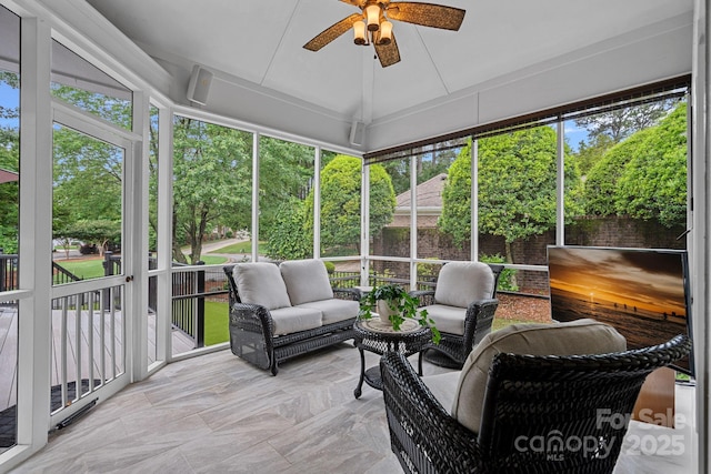 17308 Players Ridge Dr, Cornelius, NC 28031 - sunroom / solarium with a ceiling fan, plenty of natural light, and outdoor lounge area