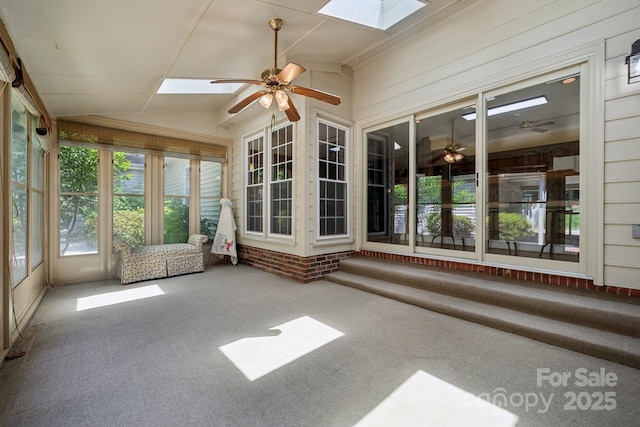2234 Hamilton Mill Rd, Charlotte, NC 28270 - unfurnished sunroom with a skylight, a ceiling fan, and lofted ceiling