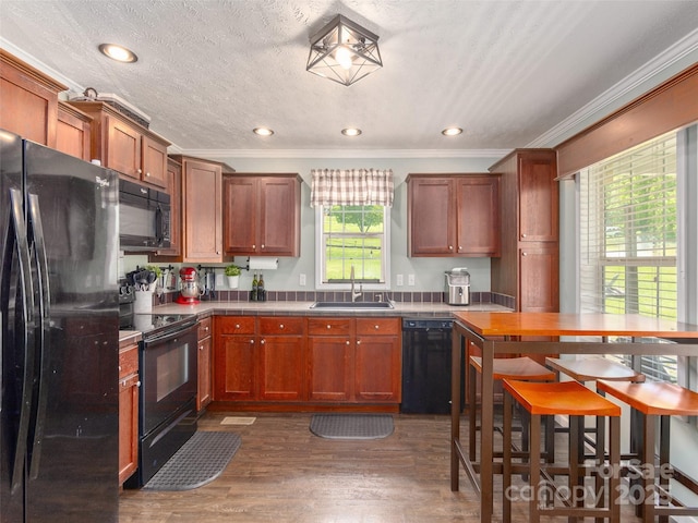 16 Sams Branch Rd, Candler, NC 28715 - kitchen featuring black appliances, a sink, crown molding, dark wood-style floors, and brown cabinetry
