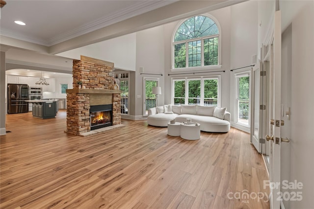 2006 Sandy Pond Ln, Waxhaw, NC 28173 - living room with light wood-style flooring, a stone fireplace, ornamental molding, recessed lighting, and a high ceiling