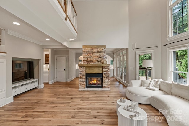 2006 Sandy Pond Ln, Waxhaw, NC 28173 - living room featuring a high ceiling, light wood-style floors, ornamental molding, a stone fireplace, and baseboards