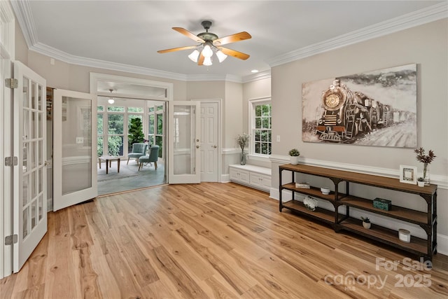 2006 Sandy Pond Ln, Waxhaw, NC 28173 - entryway featuring french doors, light wood-style floors, ceiling fan, and crown molding