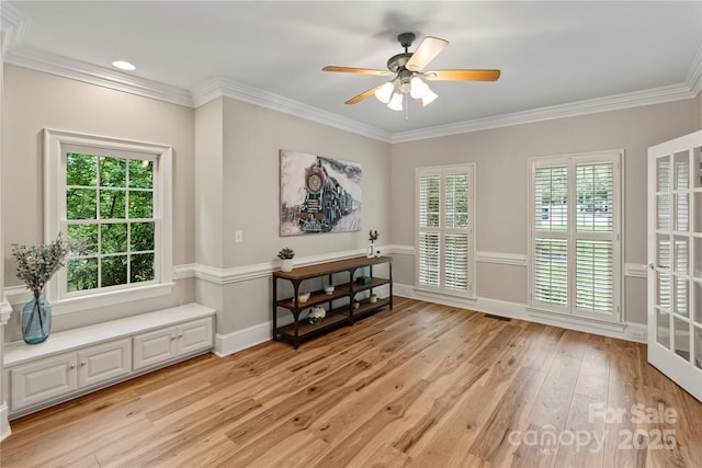 2006 Sandy Pond Ln, Waxhaw, NC 28173 - sitting room featuring light wood-style flooring, ceiling fan, baseboards, and crown molding