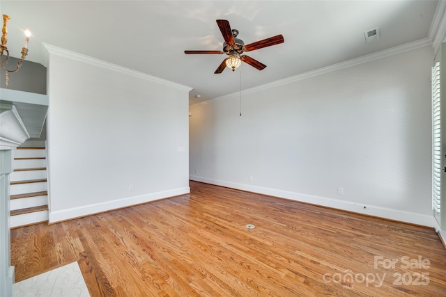 750 Waterscape Ct, Rock Hill, SC 29730 - unfurnished living room featuring ceiling fan, light wood-style floors, crown molding, baseboards, and stairway