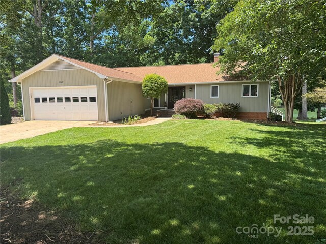 5153 Glenwood St, Sherrills Ford, NC 28673 - ranch-style house featuring a garage, a front lawn, driveway, a chimney, and roof with shingles