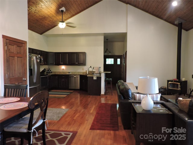 235 Red Oak Ln, Burnsville, NC 28714 - living room with a wood stove, high vaulted ceiling, wood ceiling, ceiling fan, and wood finished floors
